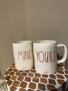 Rae Dunn Mine & Yours White Ceramic Mug Set with Red Lettering